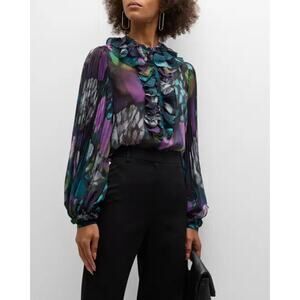 Ungaro Nicole Violet Multi Color Ruffles Sheer Blouse Pleated Sleeves Size M NWT
